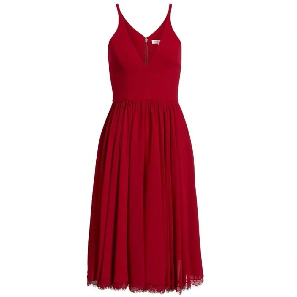NWT Dress the Population Alicia Cocktail Midi Dress Mixed Media Chiffon Size L - Picture 5 of 10